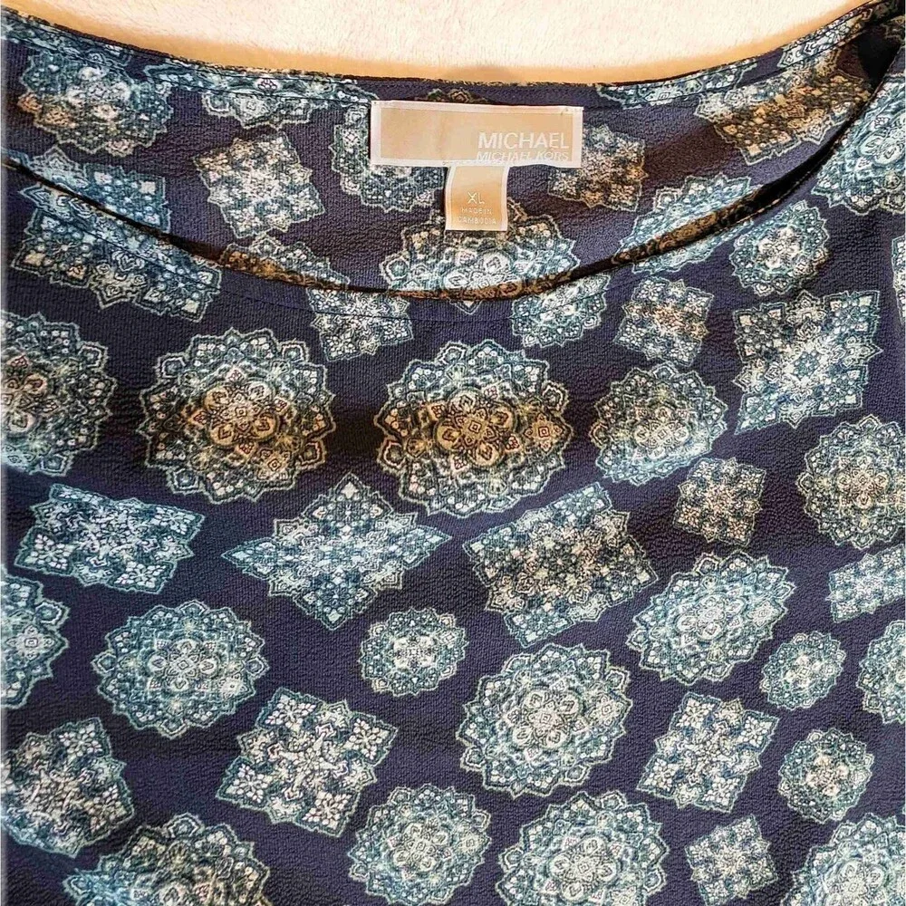 Women's Michael Kors Boho Top Size XLarge Shirt Navy Turquoise Casual Dressy